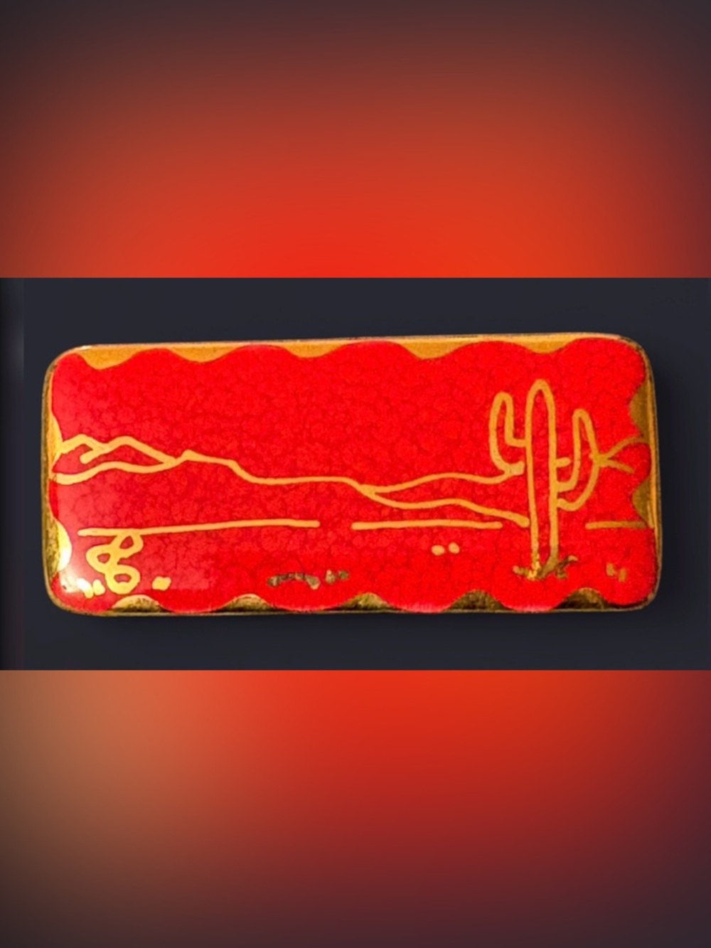 Vintage Southwest Desert Landscape Brooch – Red Enamel & Gold Tone Cactus Scene